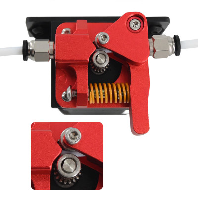 Podávač dual drive MK8, hliníkový, pravý, červený, dva konektory, MK8DDALRRD